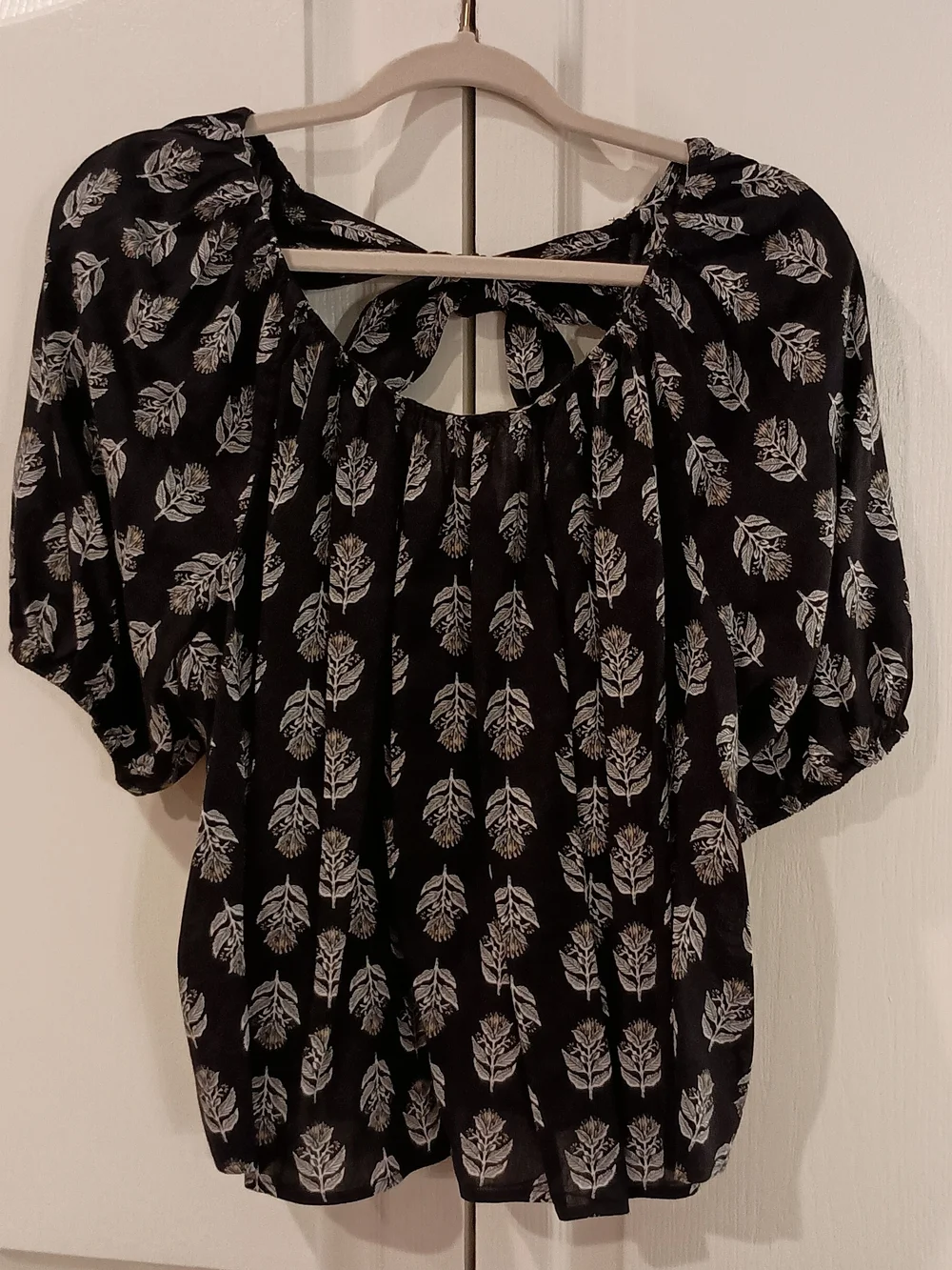 Old Navy Black Blouse with White Leaf Print